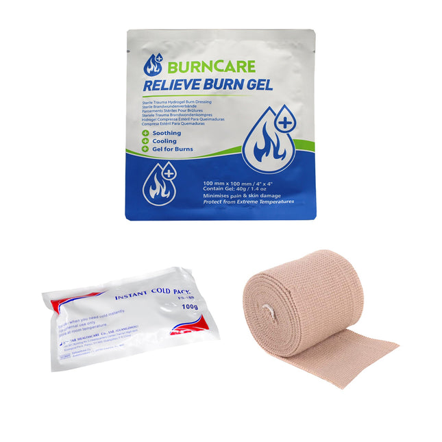 Burncare Relieve Burn Gel + Instant Cold Compress + Adhesive Elastic Bandages Sterile Plaster Strips