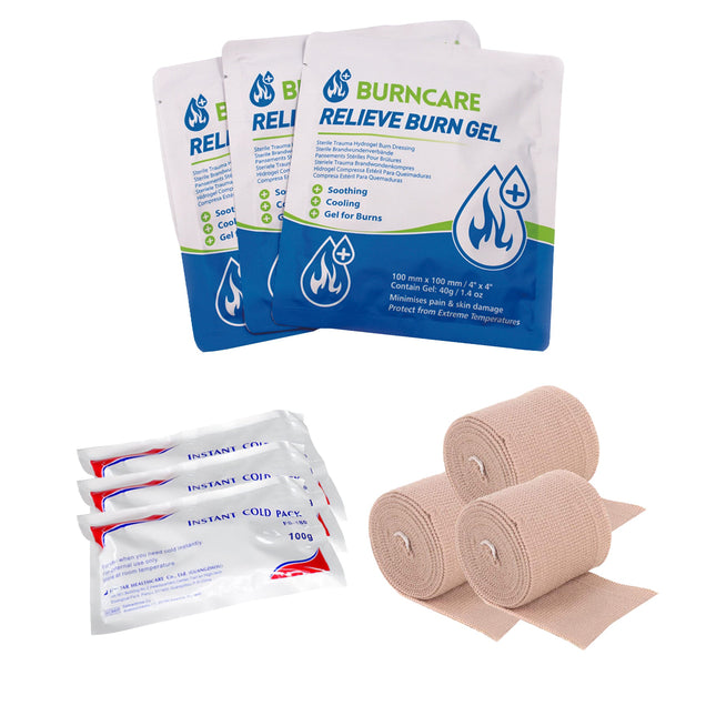 Burncare Relieve Burn Gel + Instant Cold Compress + Adhesive Elastic Bandages Sterile Plaster Strips