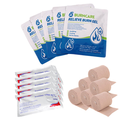 Burncare Relieve Burn Gel + Instant Cold Compress + Adhesive Elastic Bandages Sterile Plaster Strips