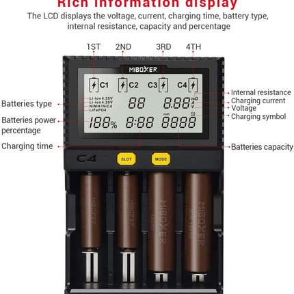 Miboxer C4 Smart LCD Battery Charger | UAE Plug Type | Smart Universal 4-Bay Charger