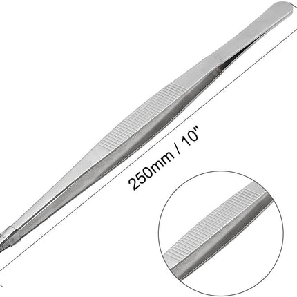 2 Pcs 10-Inch Stainless Steel Laboratory Grade Straight Blunt Tweezers with Serrated Tip