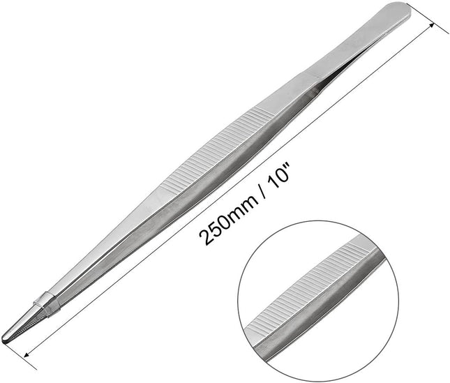 2 Pcs 10-Inch Stainless Steel Laboratory Grade Straight Blunt Tweezers with Serrated Tip