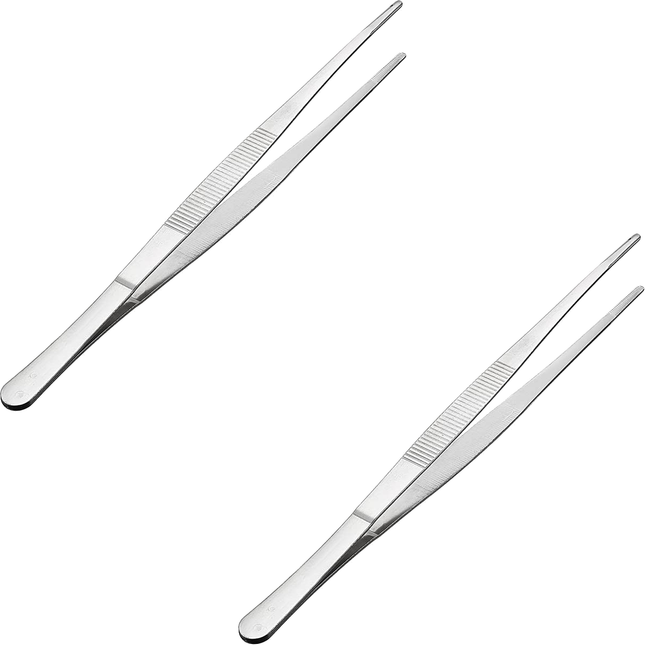 2 Pcs 10-Inch Stainless Steel Laboratory Grade Straight Blunt Tweezers with Serrated Tip