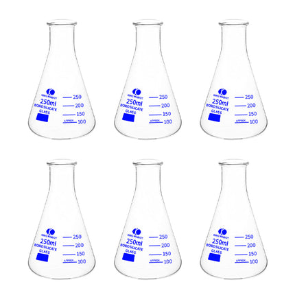 Borosilicate Glass Conical Flask | 250ML Capacity Blue Graduated