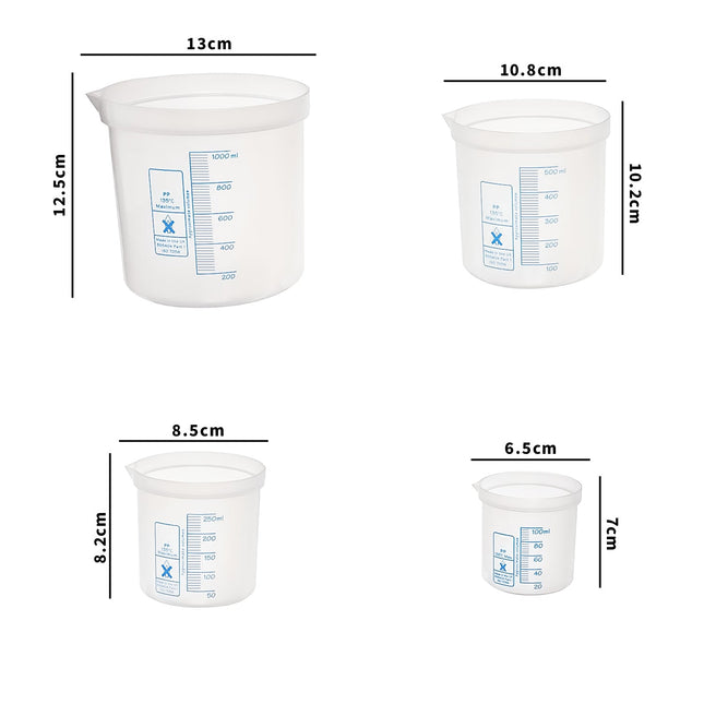 4Pcs | Polypropylene Square Ratio Beaker | 100, 250, 500, and 1000mL Capacity