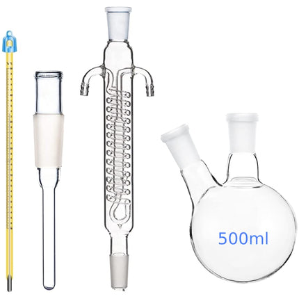 REFLUX Apparatus + Reflux Condenser + 500ml Round Bottom Flask + Thermometer Adaptor + Glass Mercury Thermometer