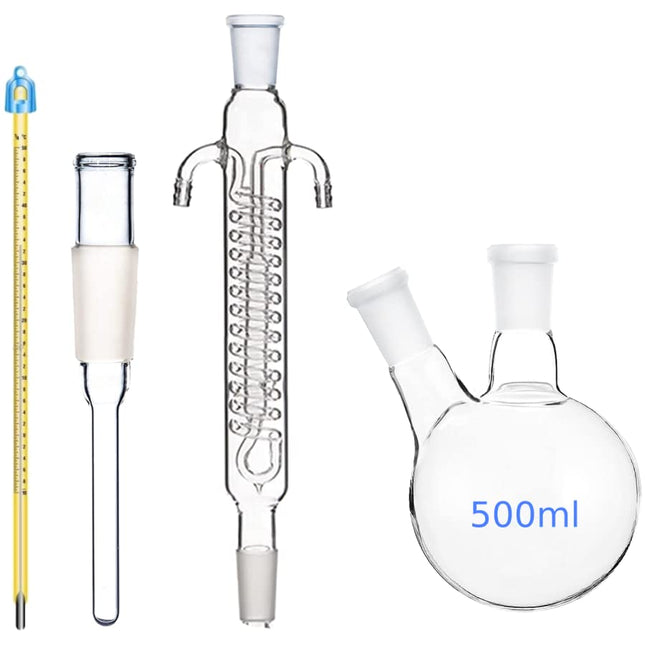 REFLUX Apparatus + Reflux Condenser + 500ml Round Bottom Flask + Thermometer Adaptor + Glass Mercury Thermometer