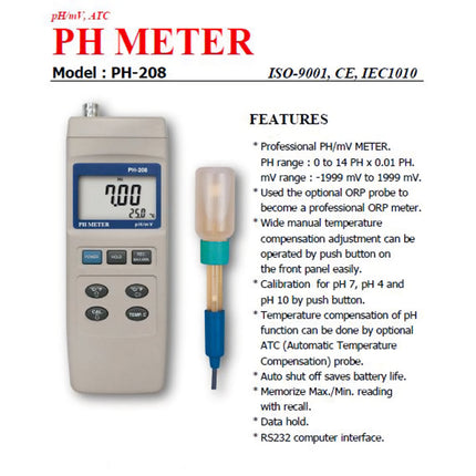 PH-208 Digital pH Meter (pH / mV) Tester